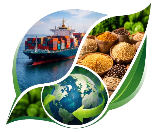 Leaf collage: cargo ship, grains, and sustainable global trade